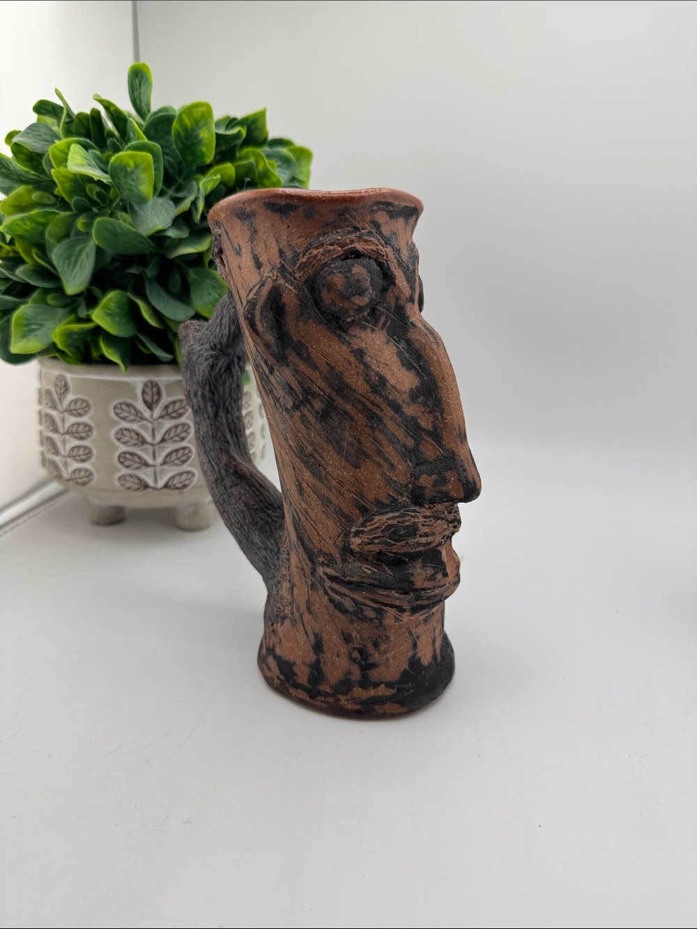 Vintage Tiki Face Mug Primitive Ceramic Wood Grain Style Sculpted Mug Cup